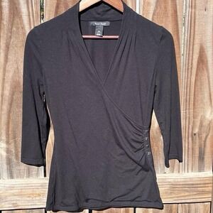 White House Black Market Women's black low cut faux-wrap top XS